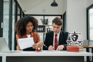 an attorney and business owner sitting at a desk being provided legal advice.