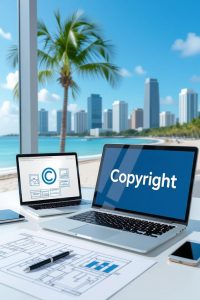 Tampa skyline with desktop computer and copyright theme